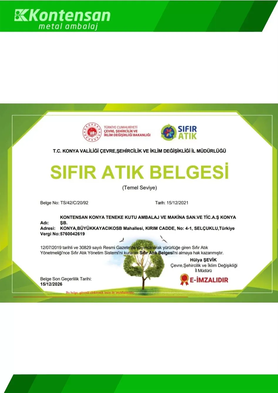 Sıfır Atık Belgesi